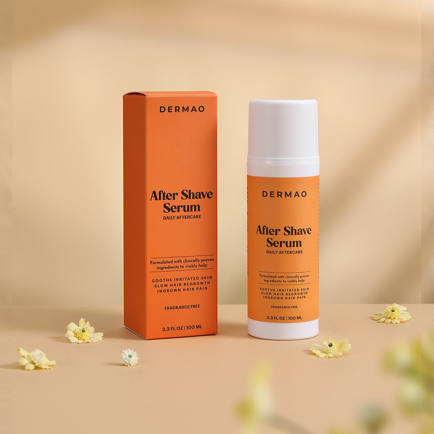 Dermao After Shave Serum bottle and packaging on a beige background with flowers.
