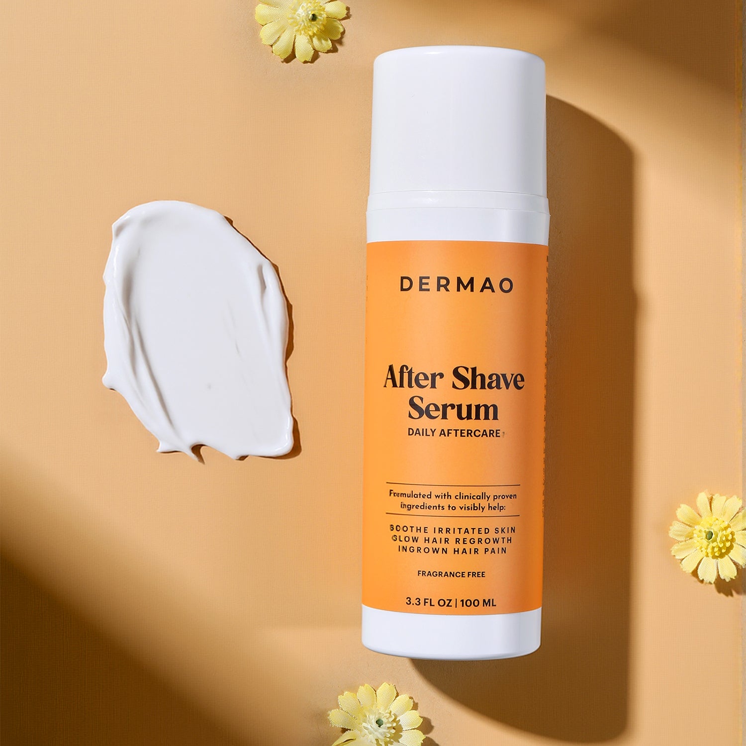 Dermao After Shave Serum bottle on a beige background with flowers.