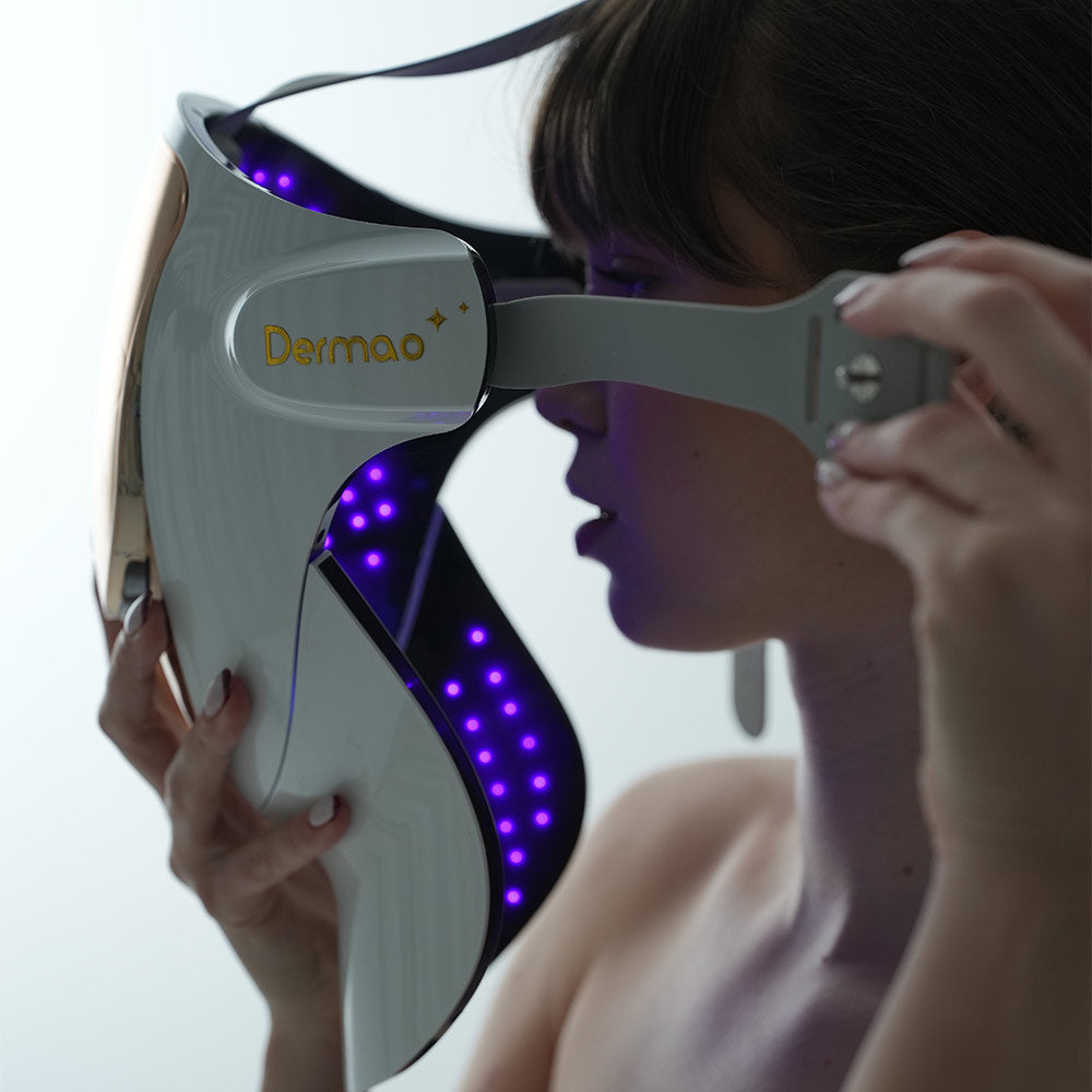 Side profile of woman putting on Dermao Halo LED Mask set to purple light technology