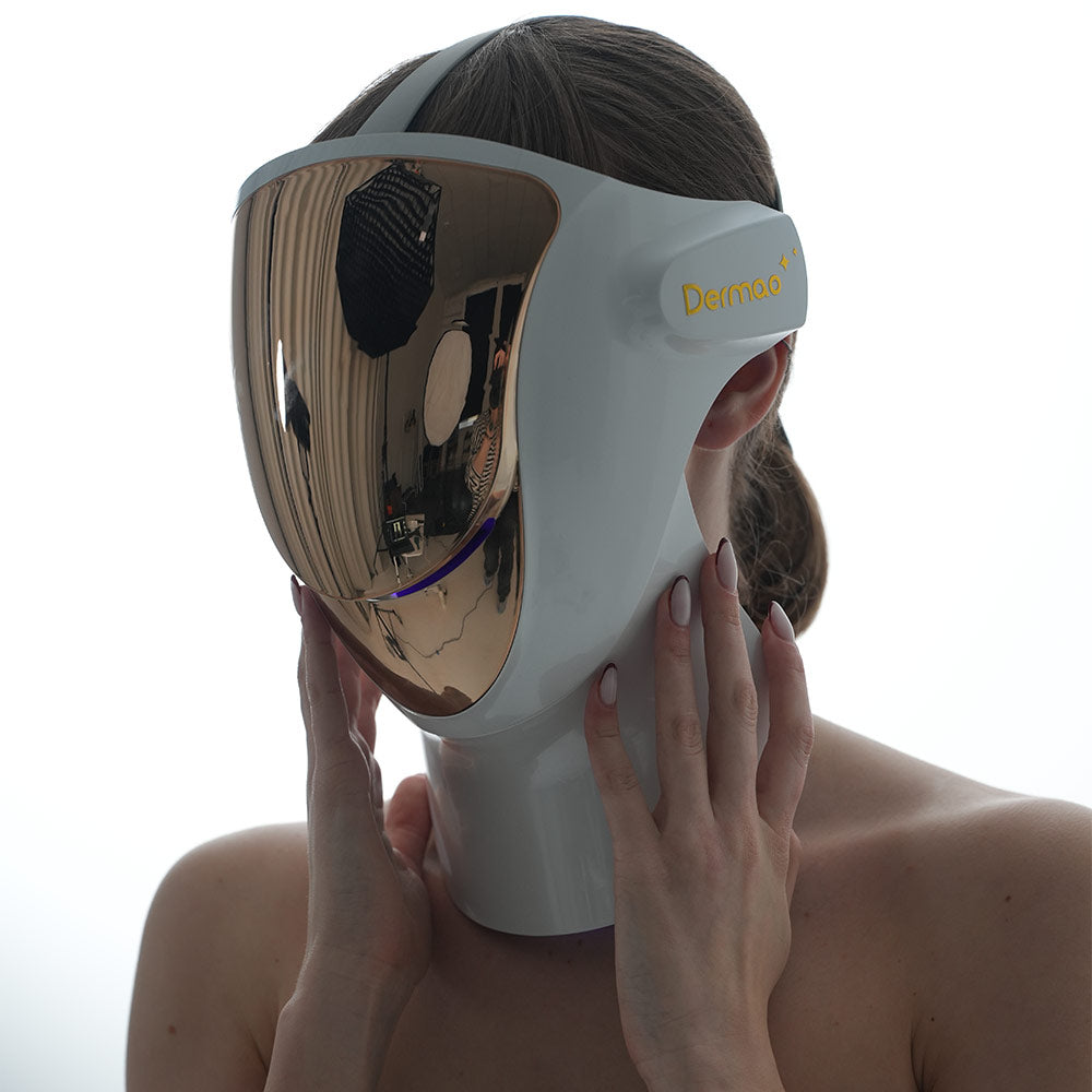 Woman wearing Dermao Halo LED Mask