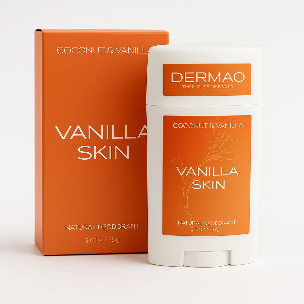 Dermao Vanilla Skin natural deodorant and packaging on a white background