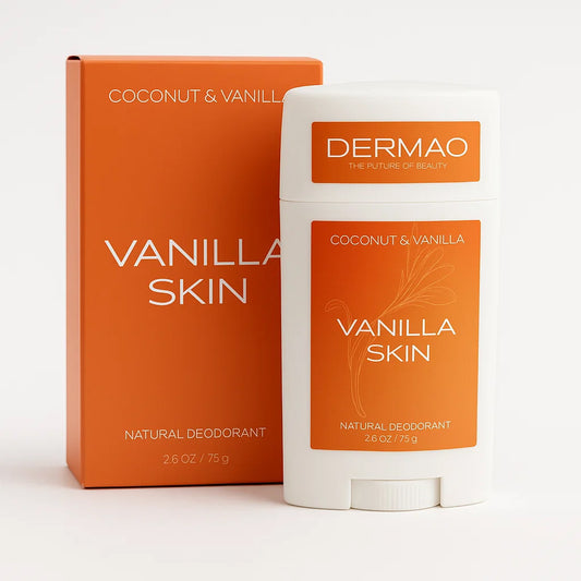 Dermao Vanilla Skin natural deodorant and packaging on a white background