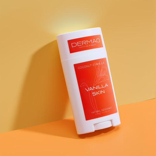 Vanilla Skin Deo propped against an orange background