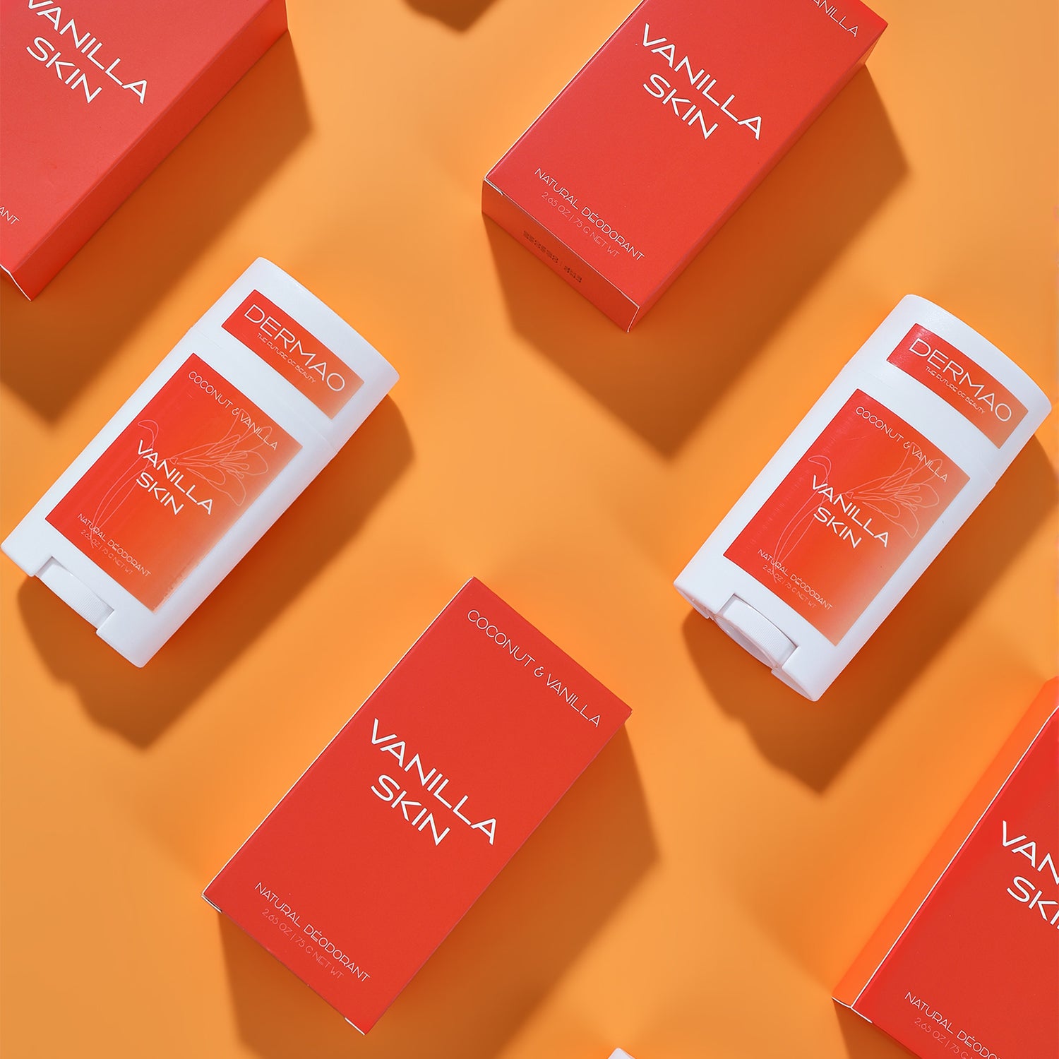 Dermao Vanilla Skin products on an orange background