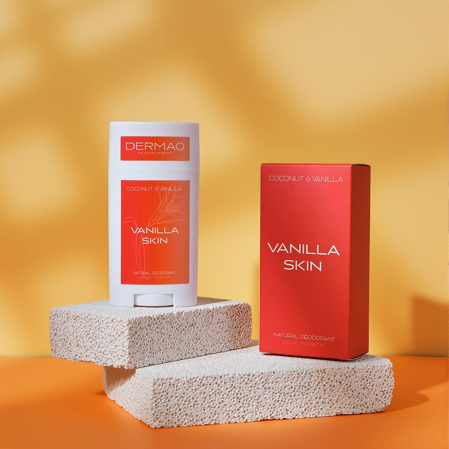 Dermao Vanilla Skin deodorant and packaging on a yellow background