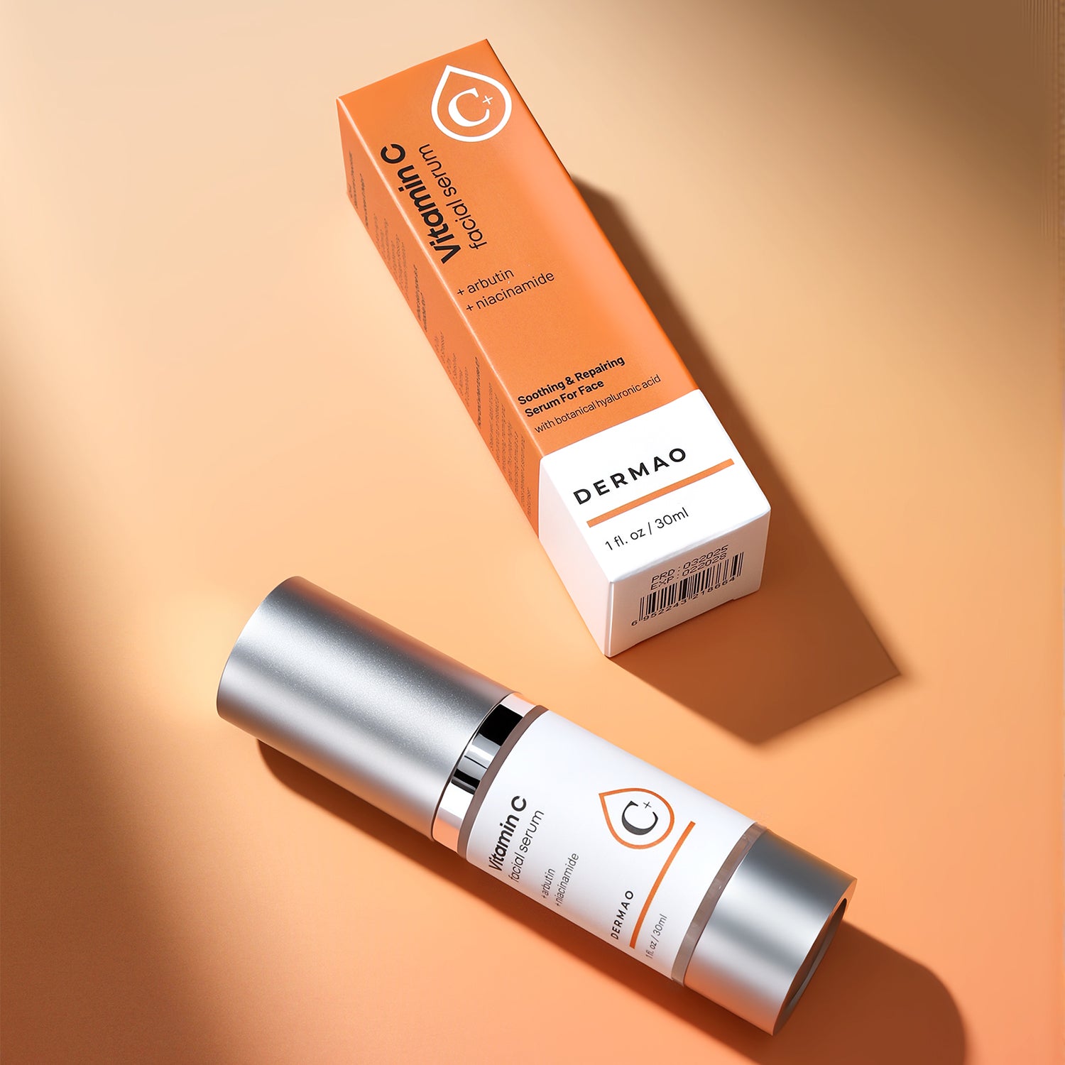 Vitamin C Facial Serum and packaging on a peach background